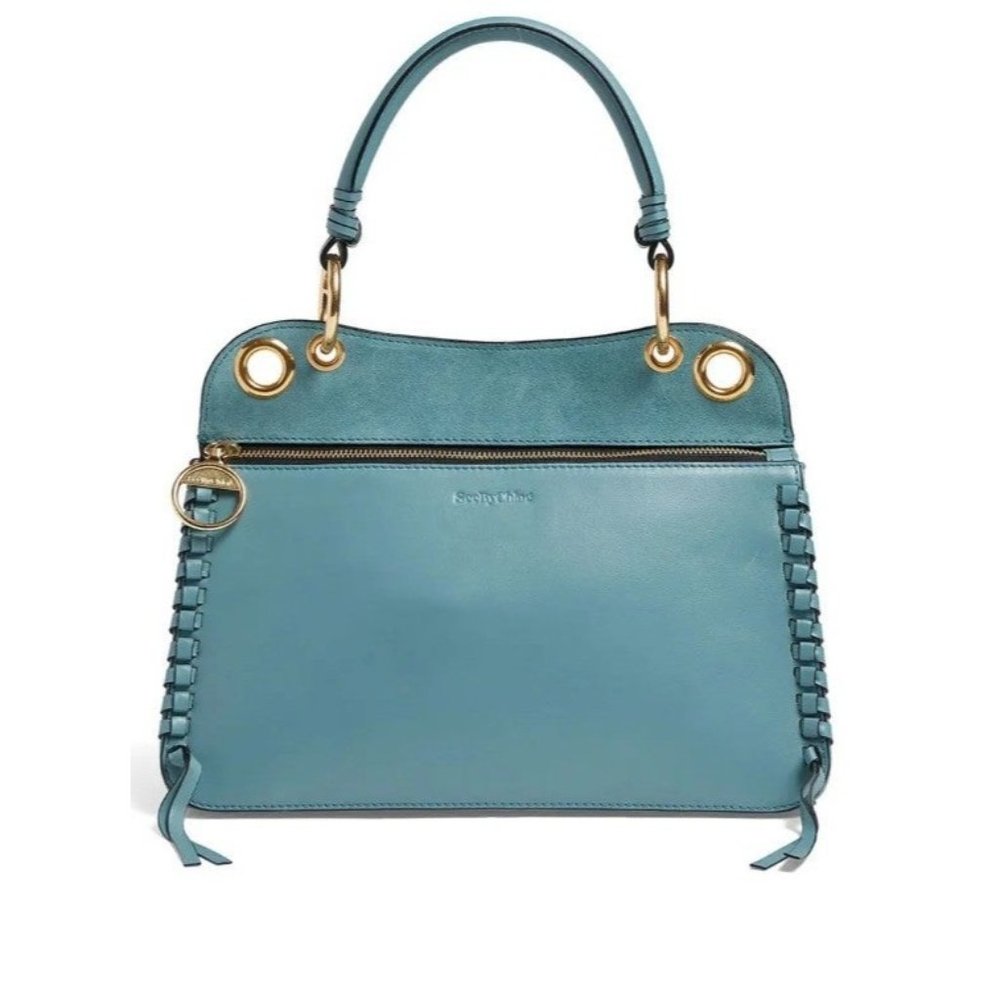 Rent the runway See by Chloe mineral blue Tilda hand bag leather suede woven